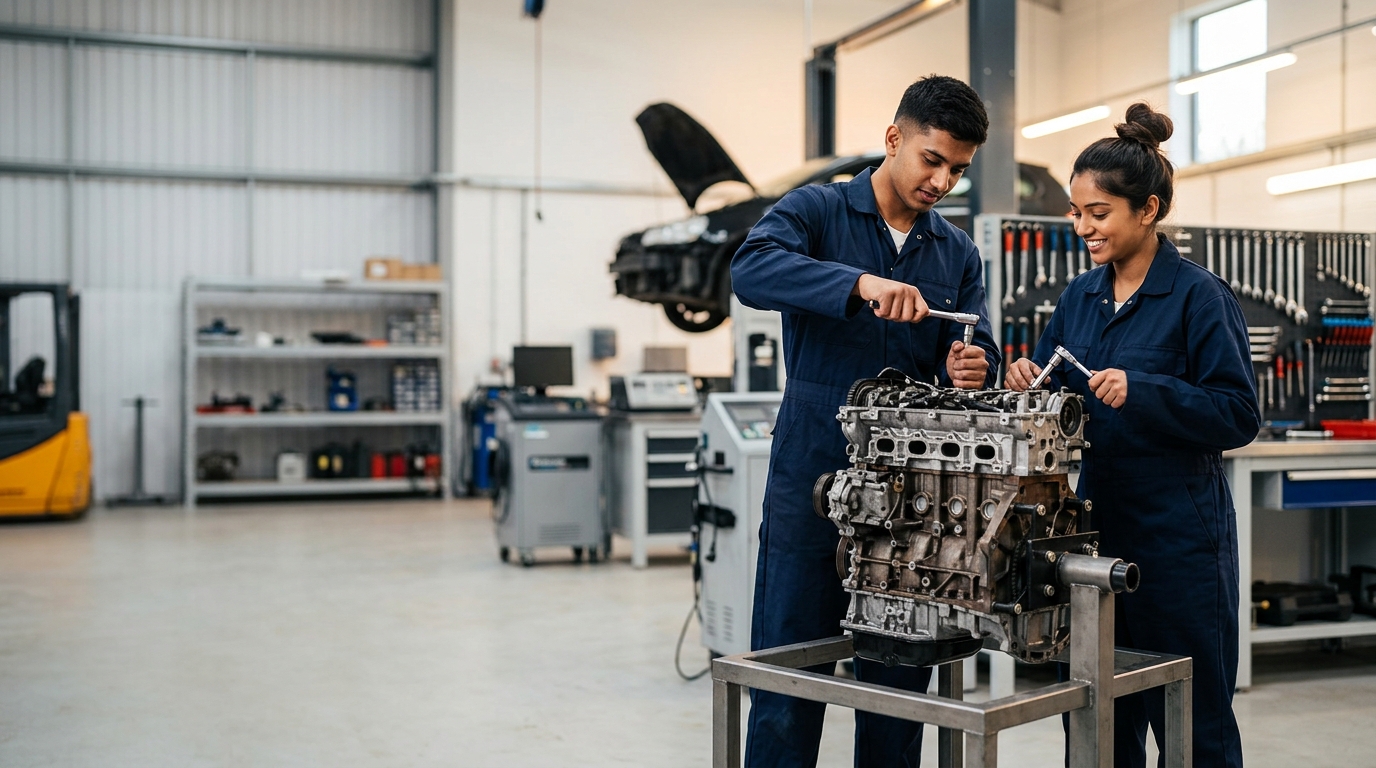 Indian student technicians analyzing automobile heavy diesel engine blocks