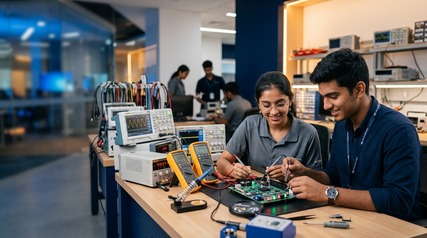 Indian Students performing Electrical and Electronics lab circuit board training