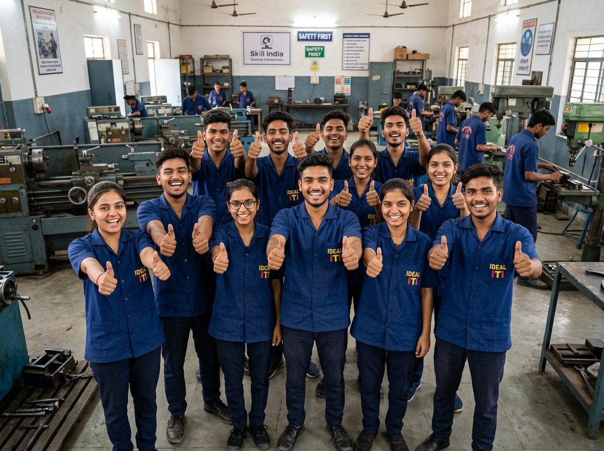 Indian technical vocational students smiling showing thumbs up